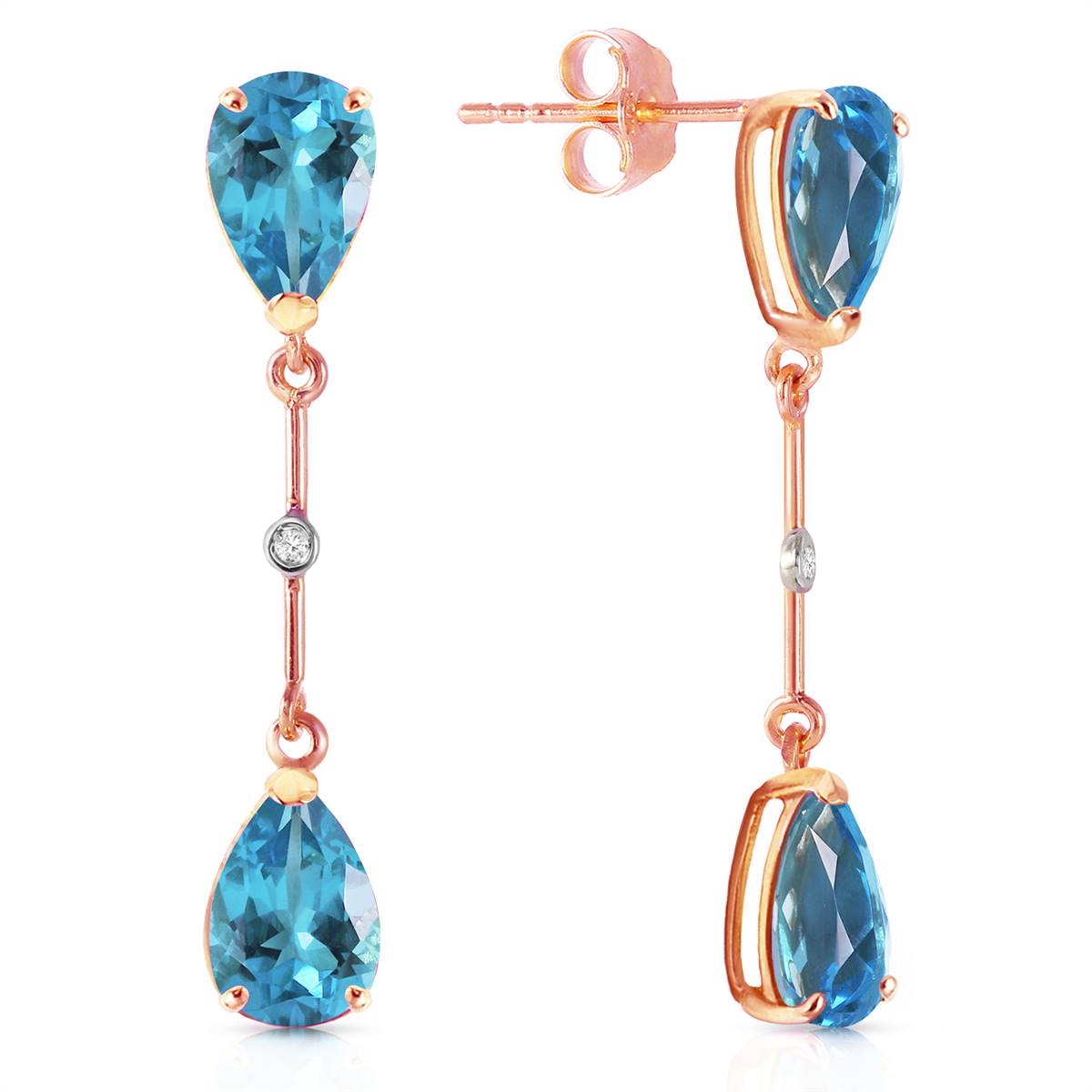 14K Solid Rose Gold Diamonds & Blue Topaz Dangling Earrings