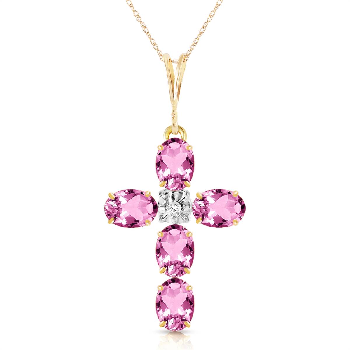 1.88 Carat 14K Solid Yellow Gold Cross Necklace Natural Diamond Pink Topaz