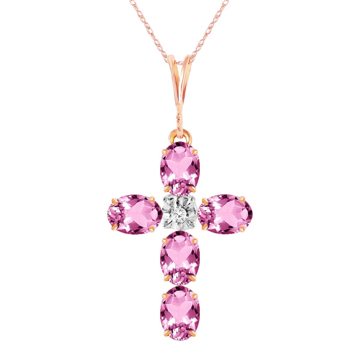 1.88 Carat 14K Solid Rose Gold Cross Necklace Natural Diamond Pink Topaz