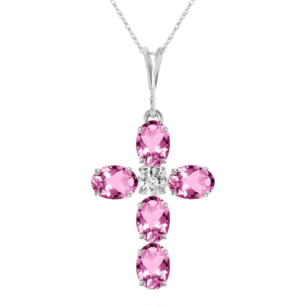 1.88 Carat 14K Solid White Gold Cross Necklace Natural Diamond Pink Topaz
