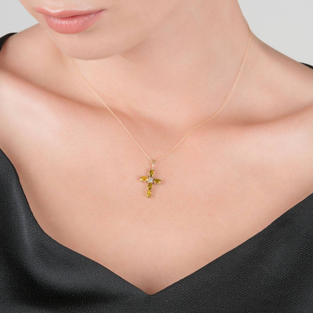 1.88 Carat 14K Solid Yellow Gold Cross Necklace Natural Diamond Citrine