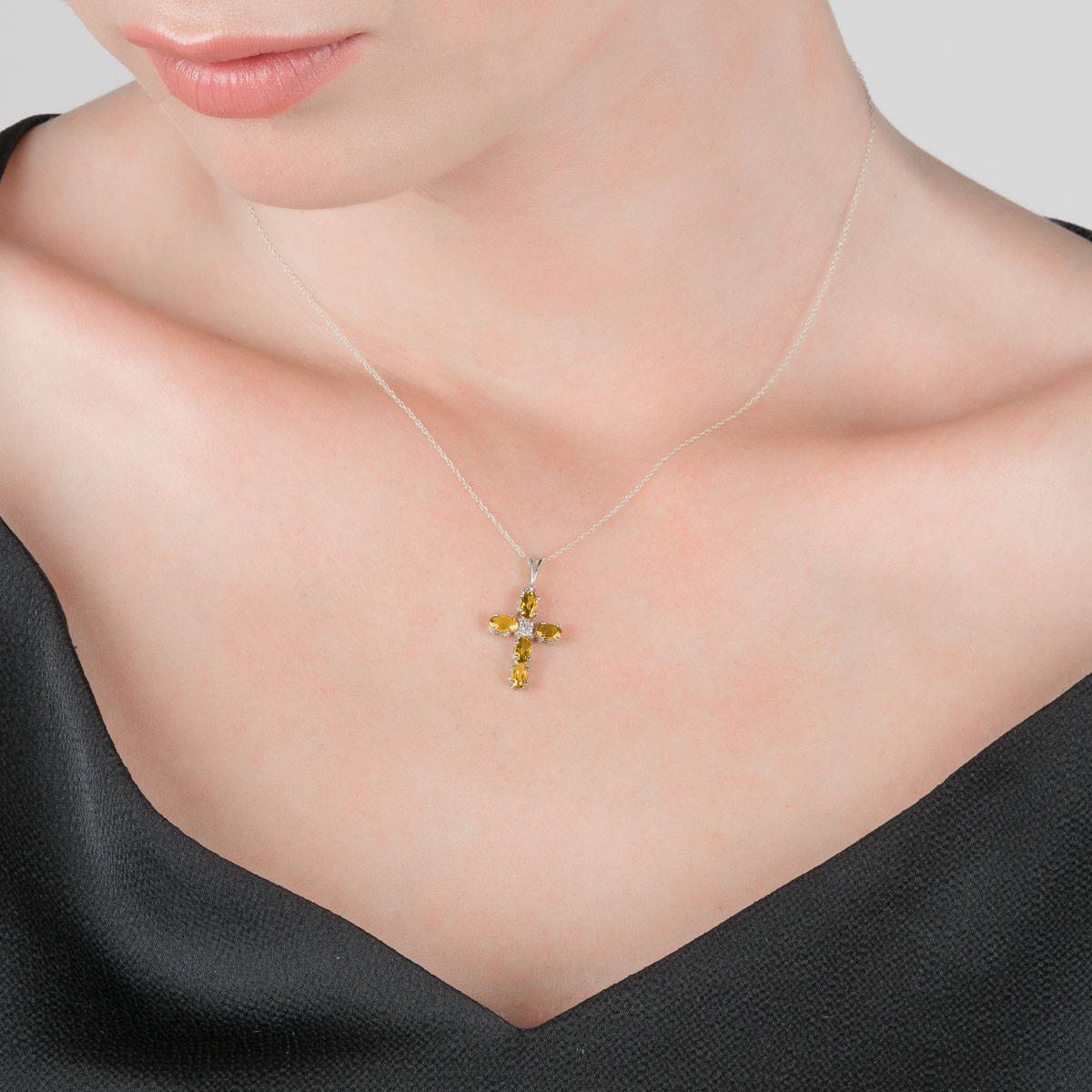 1.88 Carat 14K Solid White Gold Cross Necklace Natural Diamond Citrine