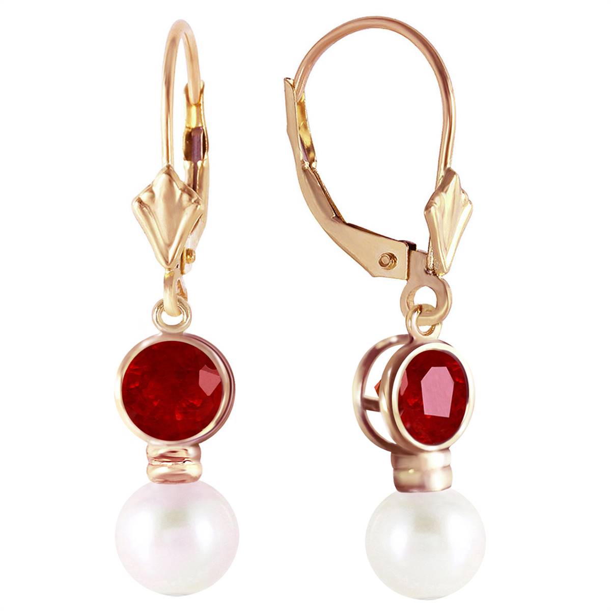 5.2 Carat 14K Solid Yellow Gold Leverback Earrings Pearl Ruby