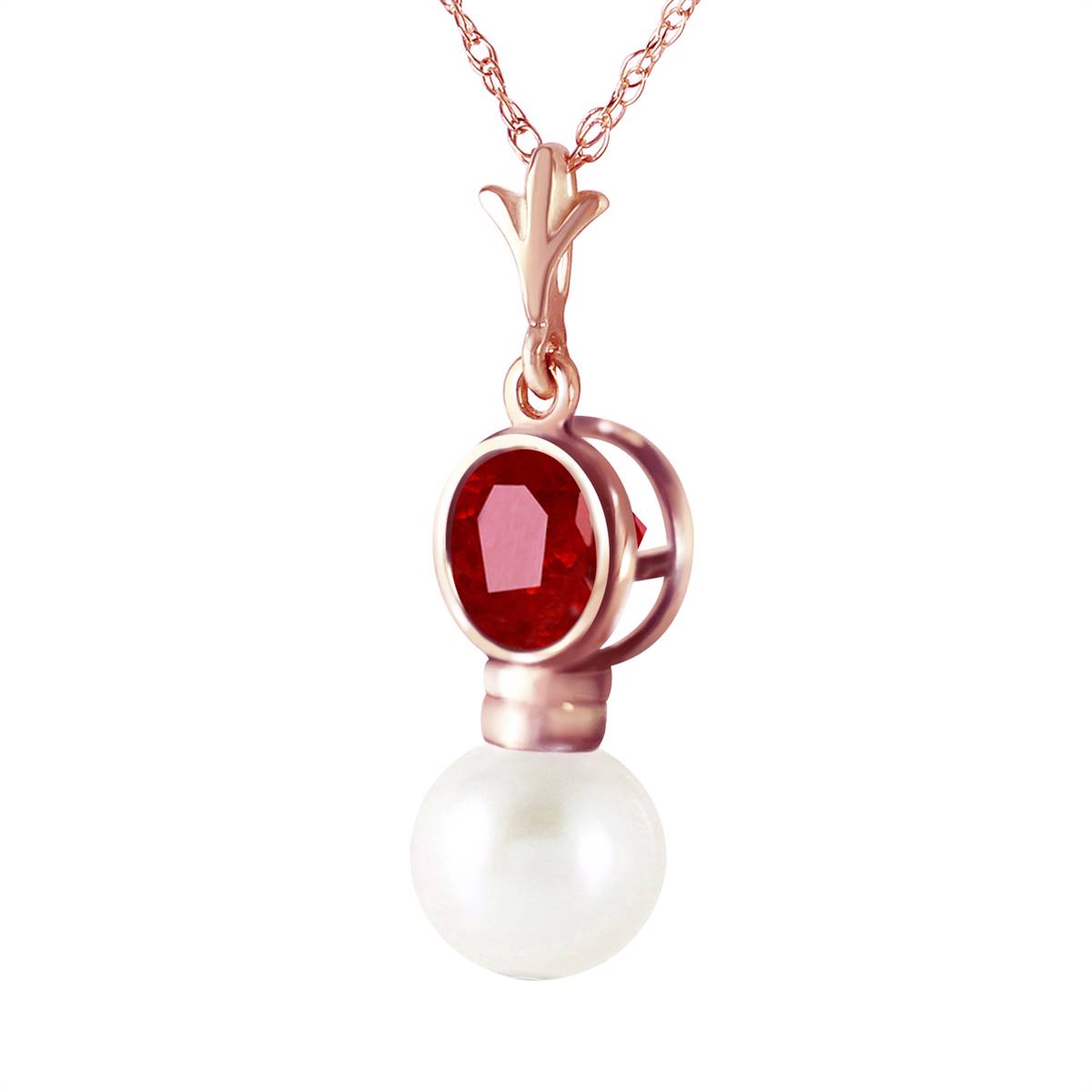 14K Solid Rose Gold Necklace w/ Ruby & Pearl