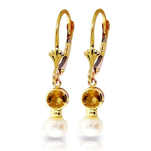 5.2 Carat 14K Solid Yellow Gold Leverback Earrings Pearl Citrine