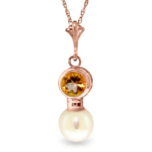14K Solid Rose Gold Necklace w/ Citrine & Pearl