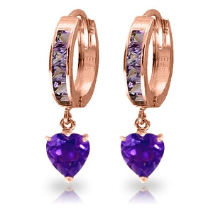 4.1 Carat 14K Solid Rose Gold Hoop Amethyst Heartdrop Earrings