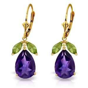13 Carat 14K Solid Yellow Gold Leverback Earrings Peridot Amethyst