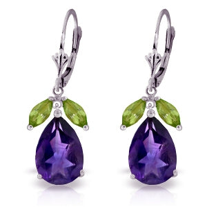 13 Carat 14K Solid White Gold Leverback Earrings Peridot Amethyst