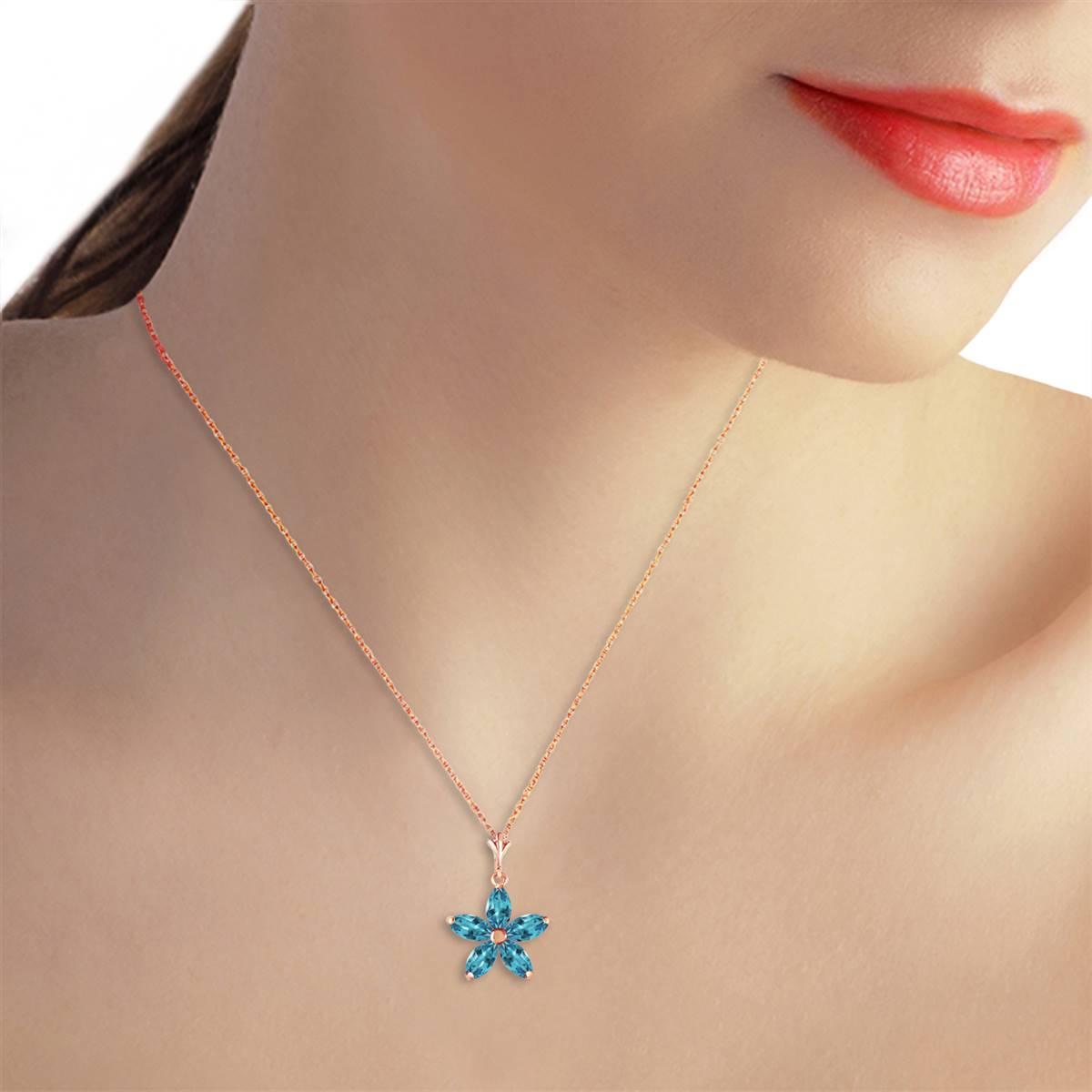 14K Solid Rose Gold Blue Topaz Gemstone Class Necklace