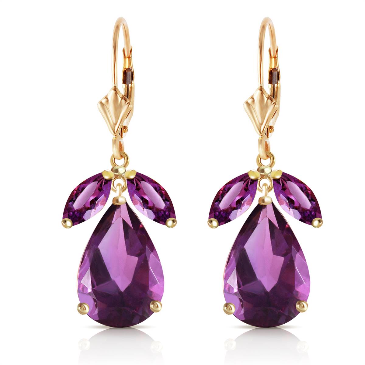 13 Carat 14K Solid Yellow Gold Leverback Earrings Natural Amethyst