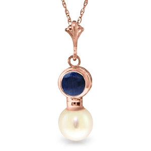 14K Solid Rose Gold Necklace w/ Sapphire & Pearl