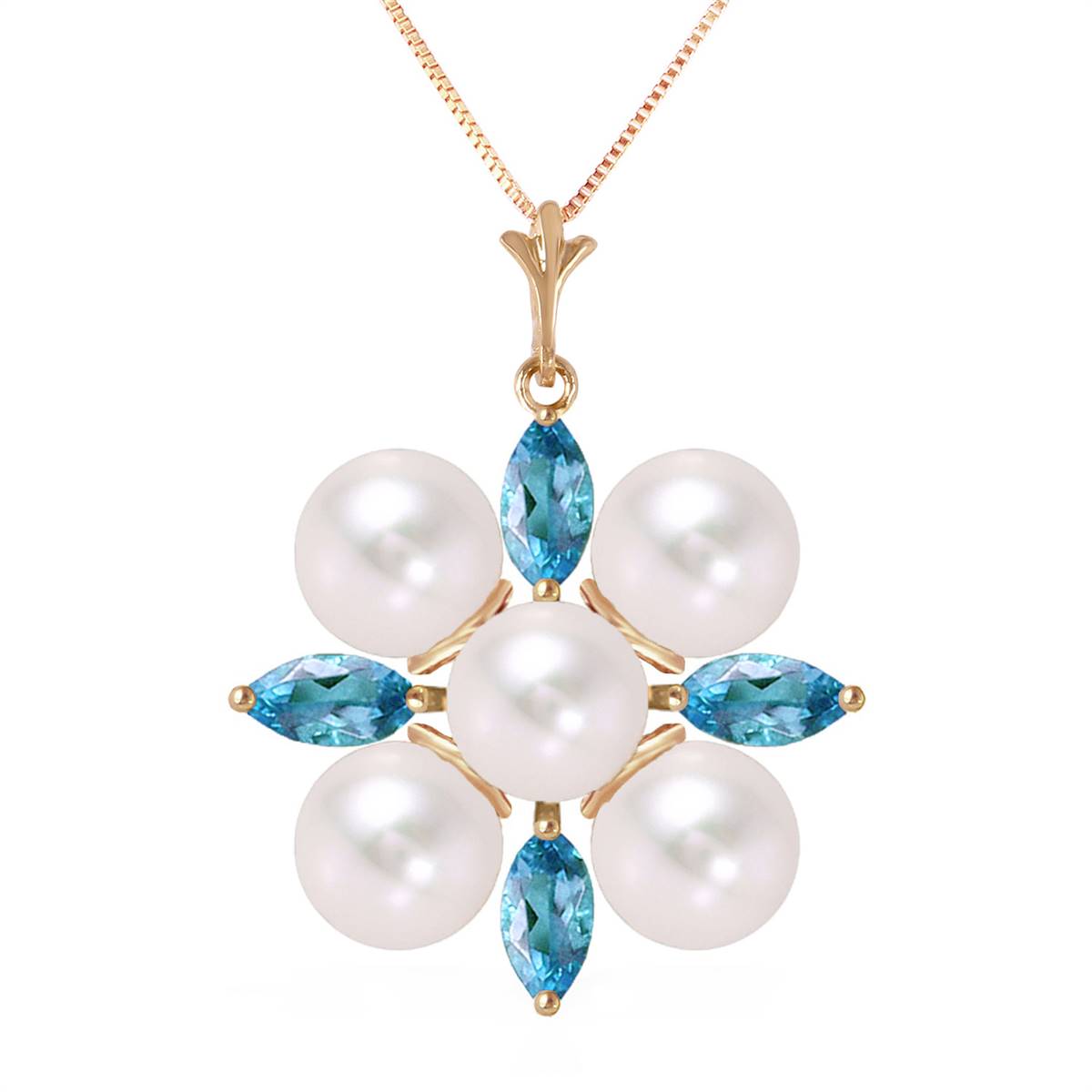 6.3 Carat 14K Solid Yellow Gold Grinning Lover Blue Topaz Pearl Necklace
