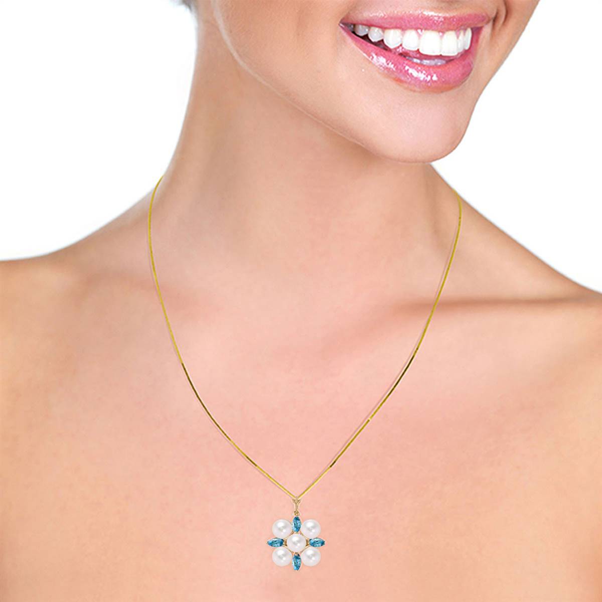 6.3 Carat 14K Solid Yellow Gold Grinning Lover Blue Topaz Pearl Necklace