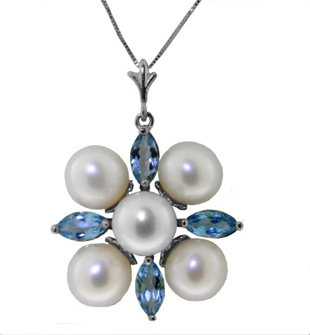 6.3 Carat 14K Solid Yellow Gold Grinning Lover Blue Topaz Pearl Necklace