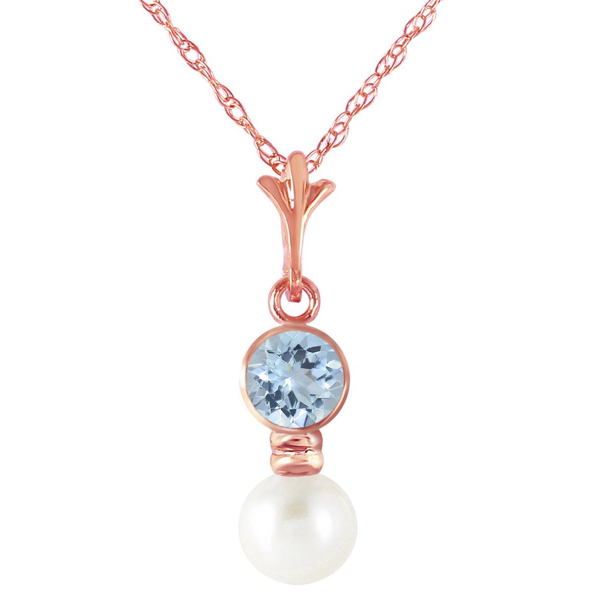 14K Solid Rose Gold Aquamarine & Pearl Necklace