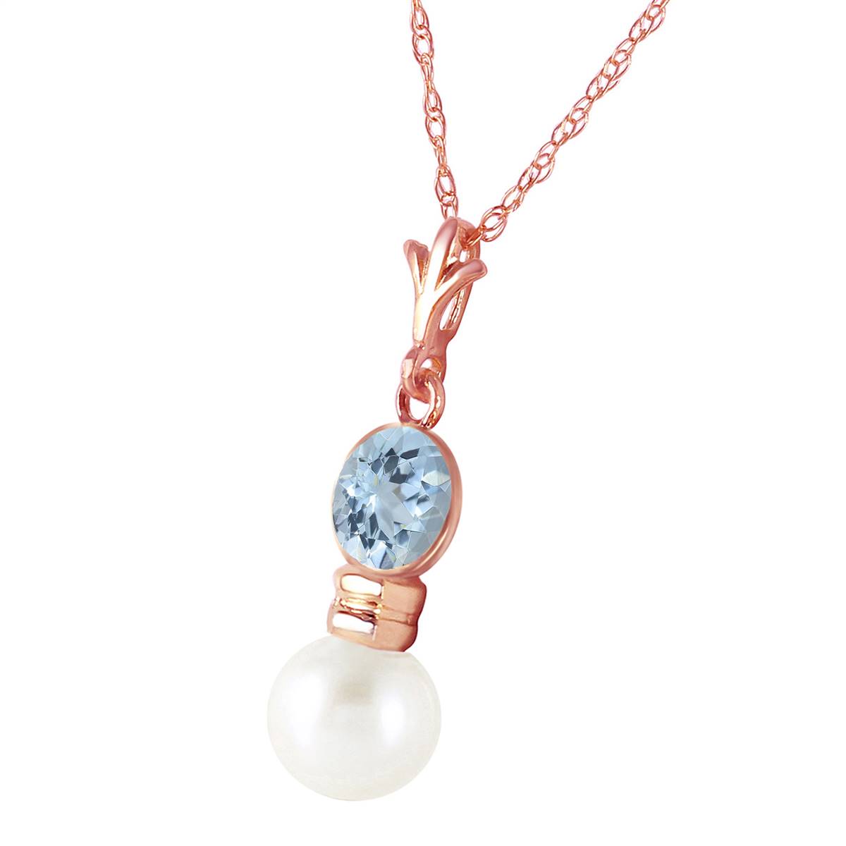 14K Solid Rose Gold Aquamarine & Pearl Necklace