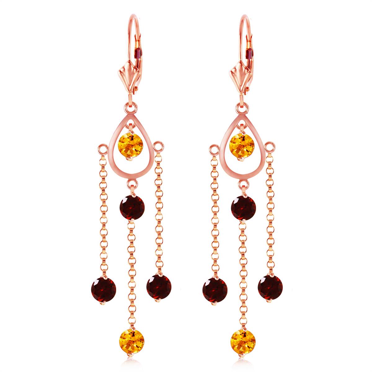 14K Solid Rose Gold Chandelier Citrine & Garnet Earrings