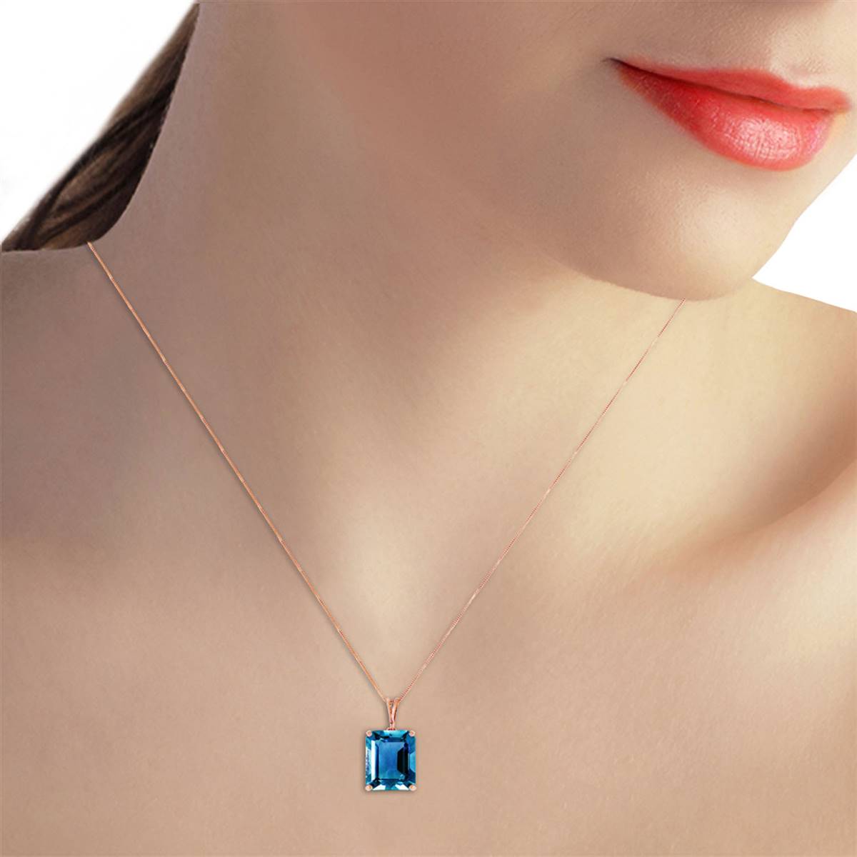 14K Solid Rose Gold Necklace w/ Octagon Blue Topaz
