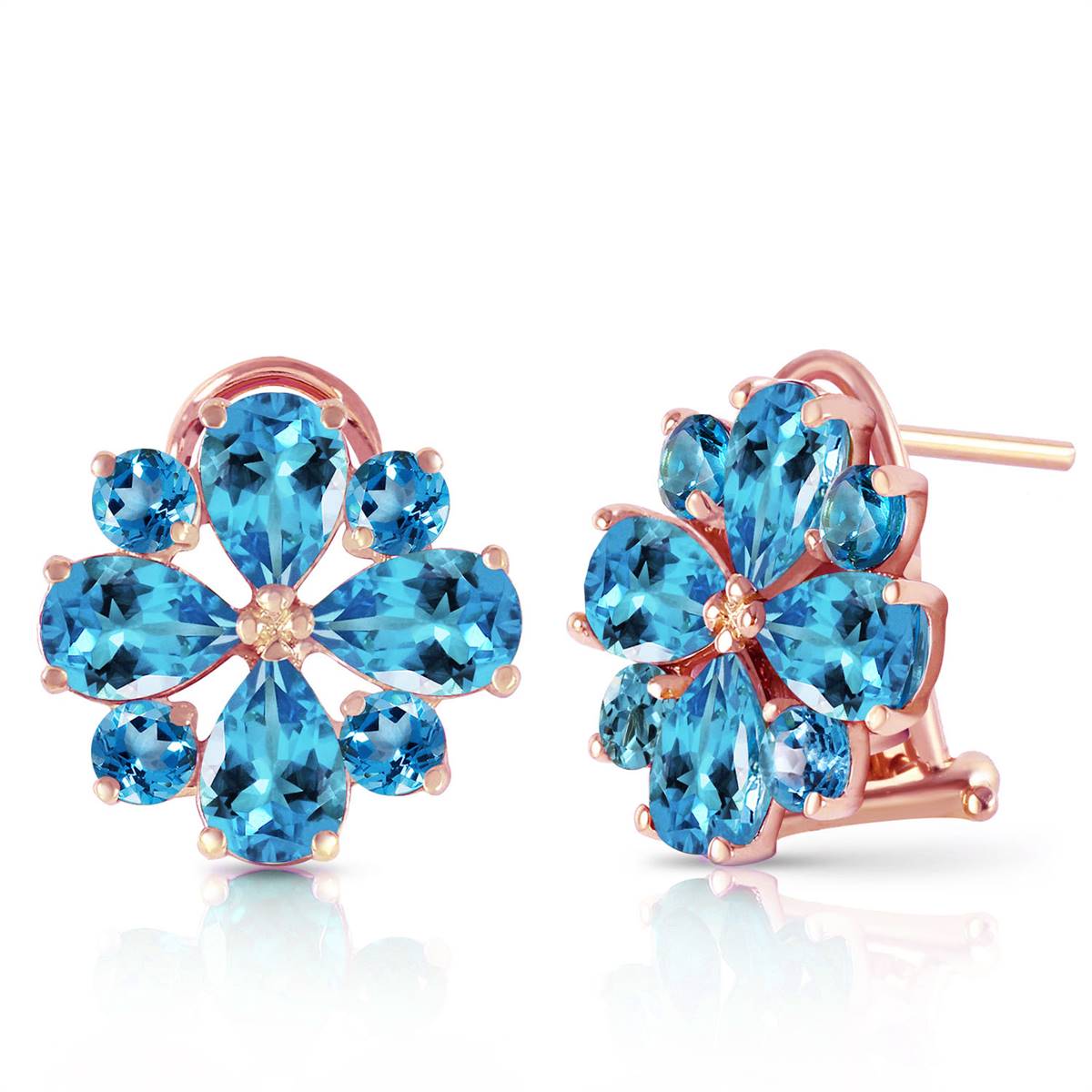 4.85 Carat 14K Solid Rose Gold Flower Blue Topaz Clip Earrings