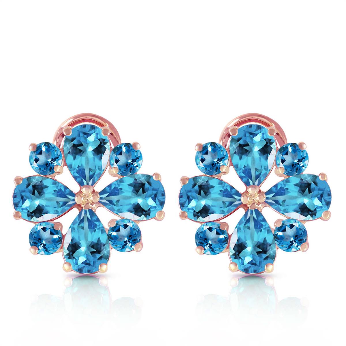 4.85 Carat 14K Solid Rose Gold Flower Blue Topaz Clip Earrings