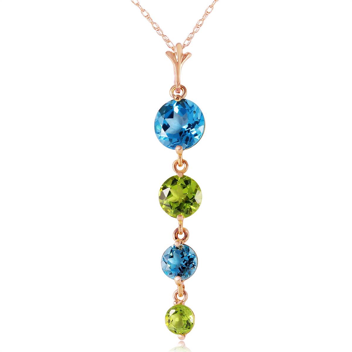 14K Solid Rose Gold Natural Blue Topaz & Peridot Necklace Certified