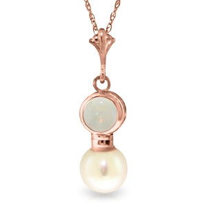 14K Solid Rose Gold Necklace w/ Natural Opal & Pearl