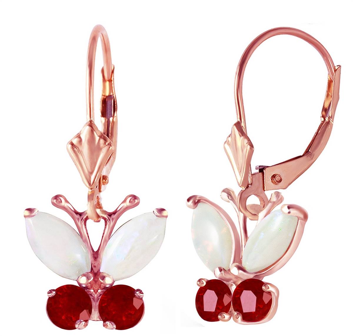 1.39 Carat 14K Solid Rose Gold Butterfly Earrings Opal Ruby