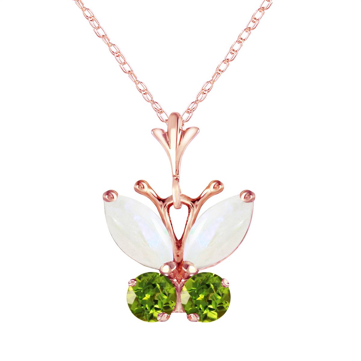 0.7 Carat 14K Solid Rose Gold Butterfly Necklace Opal Peridot