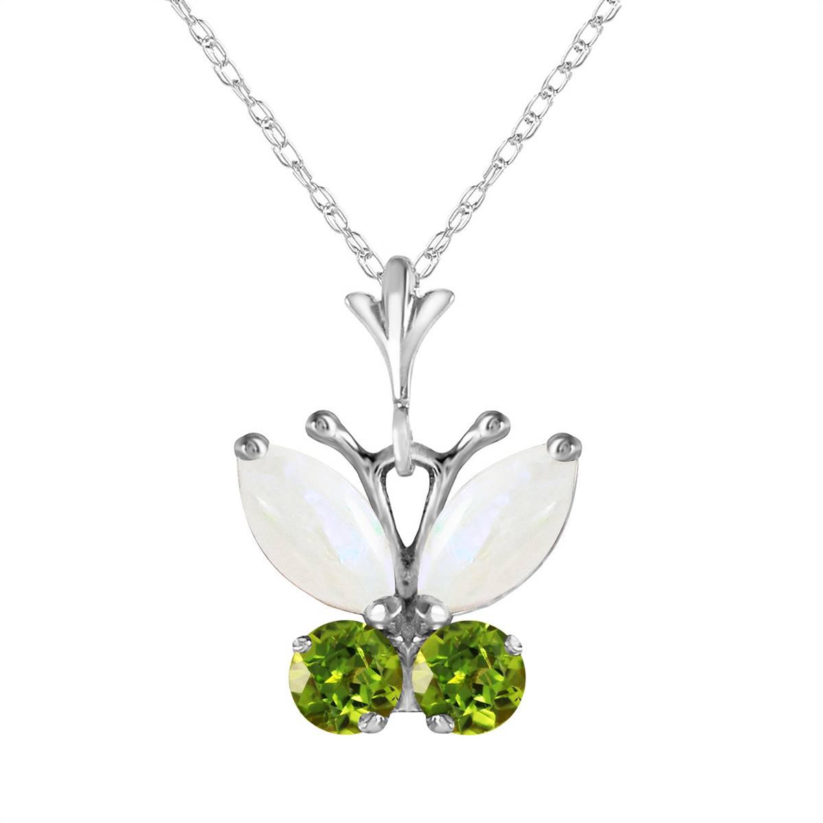 0.7 Carat 14K Solid White Gold Butterfly Necklace Opal Peridot