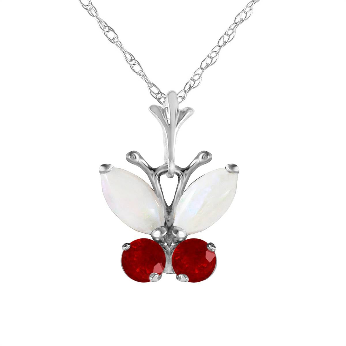 0.7 Carat 14K Solid White Gold Butterfly Necklace Opal Ruby