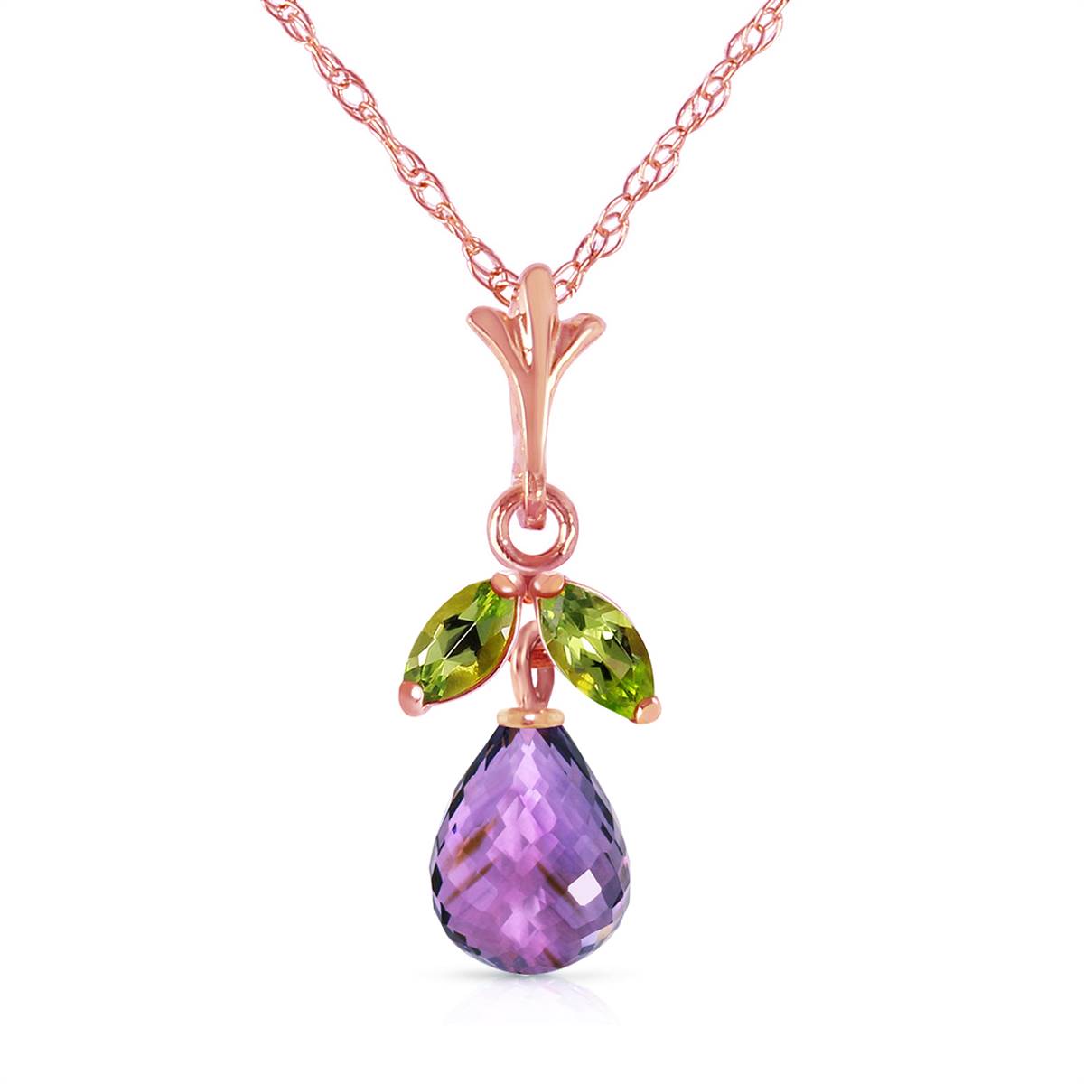 14K Solid Rose Gold Purple Amethyst & Peridot Necklace Gemstone