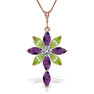 14K Solid Rose Gold Necklace w/ Diamond, Purple Amethyst & Peridot