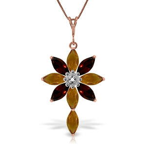 14K Solid Rose Gold Necklace w/ Diamond, Citrines & Garnets