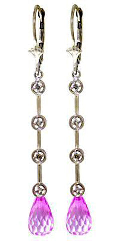 14K Solid White Gold Chandelier Diamonds Earrings w/ Pink Topaz
