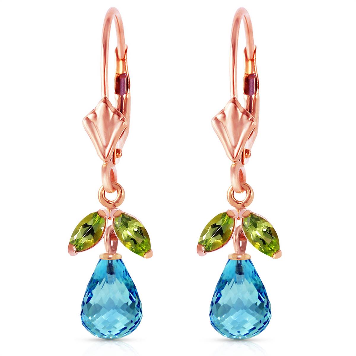 3.4 Carat 14K Solid Rose Gold Leverback Earrings Blue Topaz Peridot