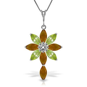 2 Carat 14K Solid White Gold Necklace Diamond, Citrine Peridot