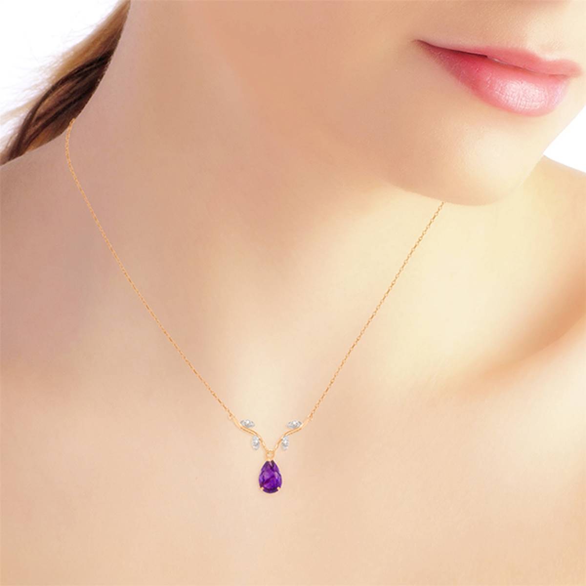14K Solid Rose Gold Necklace w/ Natural Diamonds & Purple Amethyst