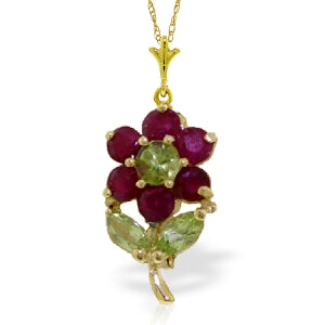 1.06 Carat 14K Solid Yellow Gold Flower Necklace Ruby Peridot