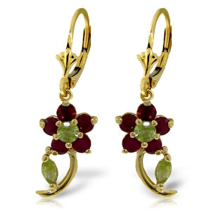 1.72 Carat 14K Solid Yellow Gold Flora Ruby Peridot Earrings