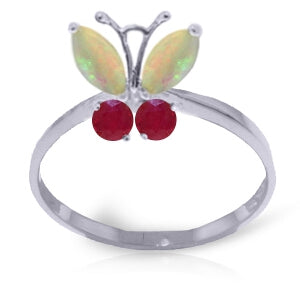 0.7 Carat 14K Solid White Gold Butterfly Ring Opal Ruby