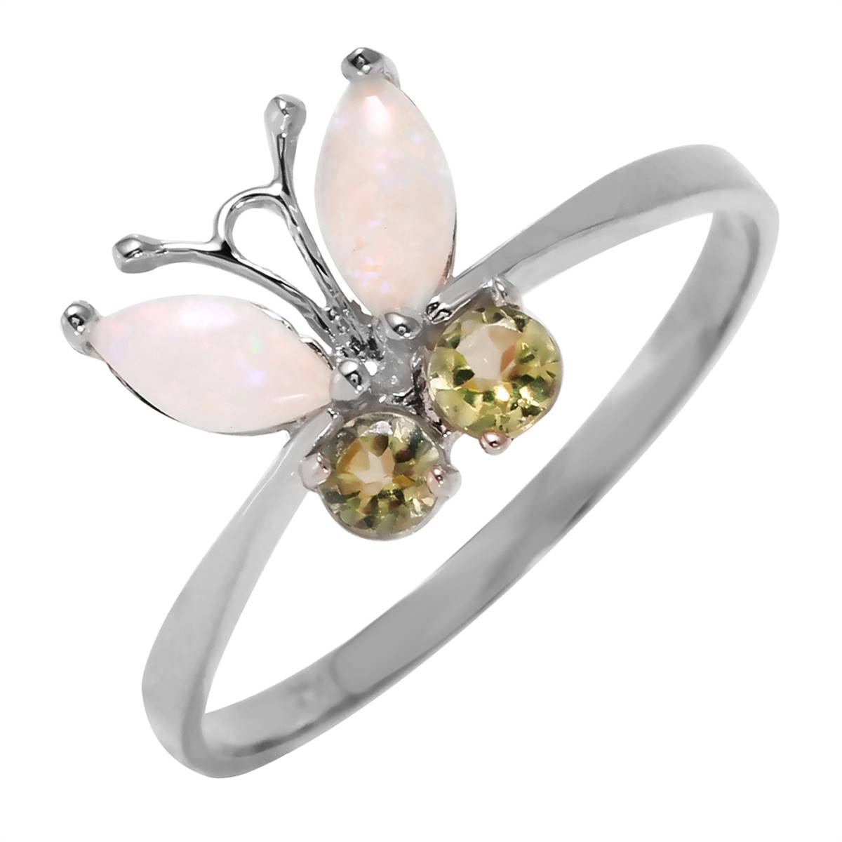 0.7 Carat 14K Solid White Gold Butterfly Ring Opal Peridot