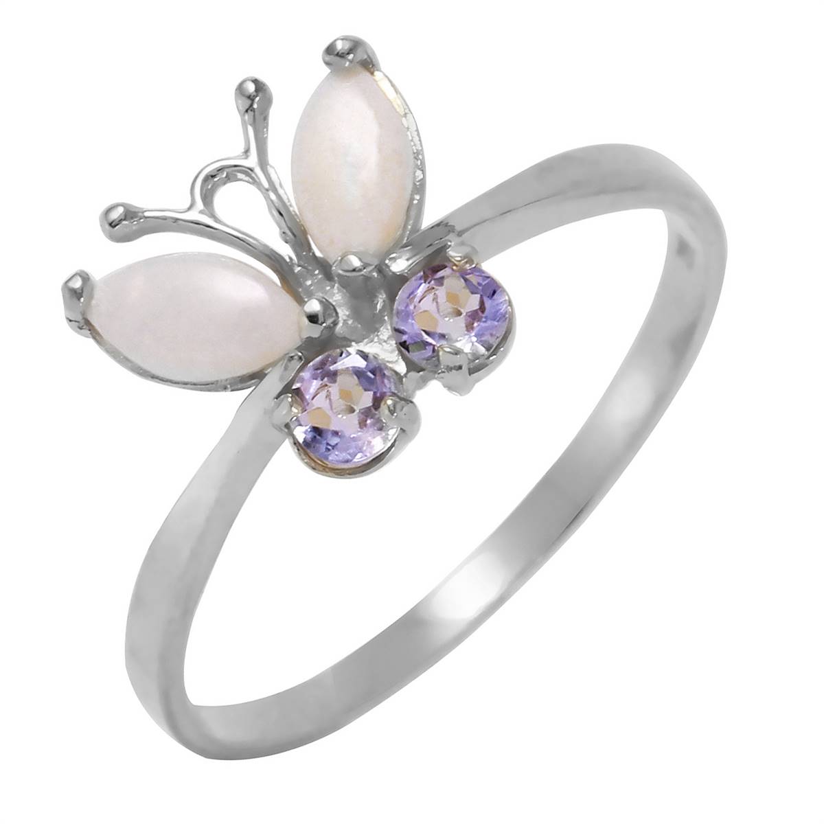 0.7 Carat 14K Solid White Gold Butterfly Ring Opal Tanzanite