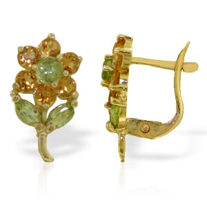 2.12 Carat 14K Solid Yellow Gold Flowers Stud Earrings Citrine Peridot