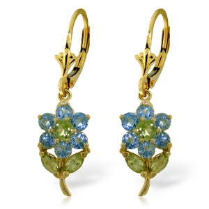 2.12 Carat 14K Solid Yellow Gold Flowers Earrings Blue Topaz Peridot