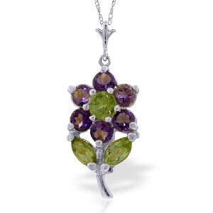 1.06 Carat 14K Solid White Gold Flower Necklace Purple Amethyst Peridot