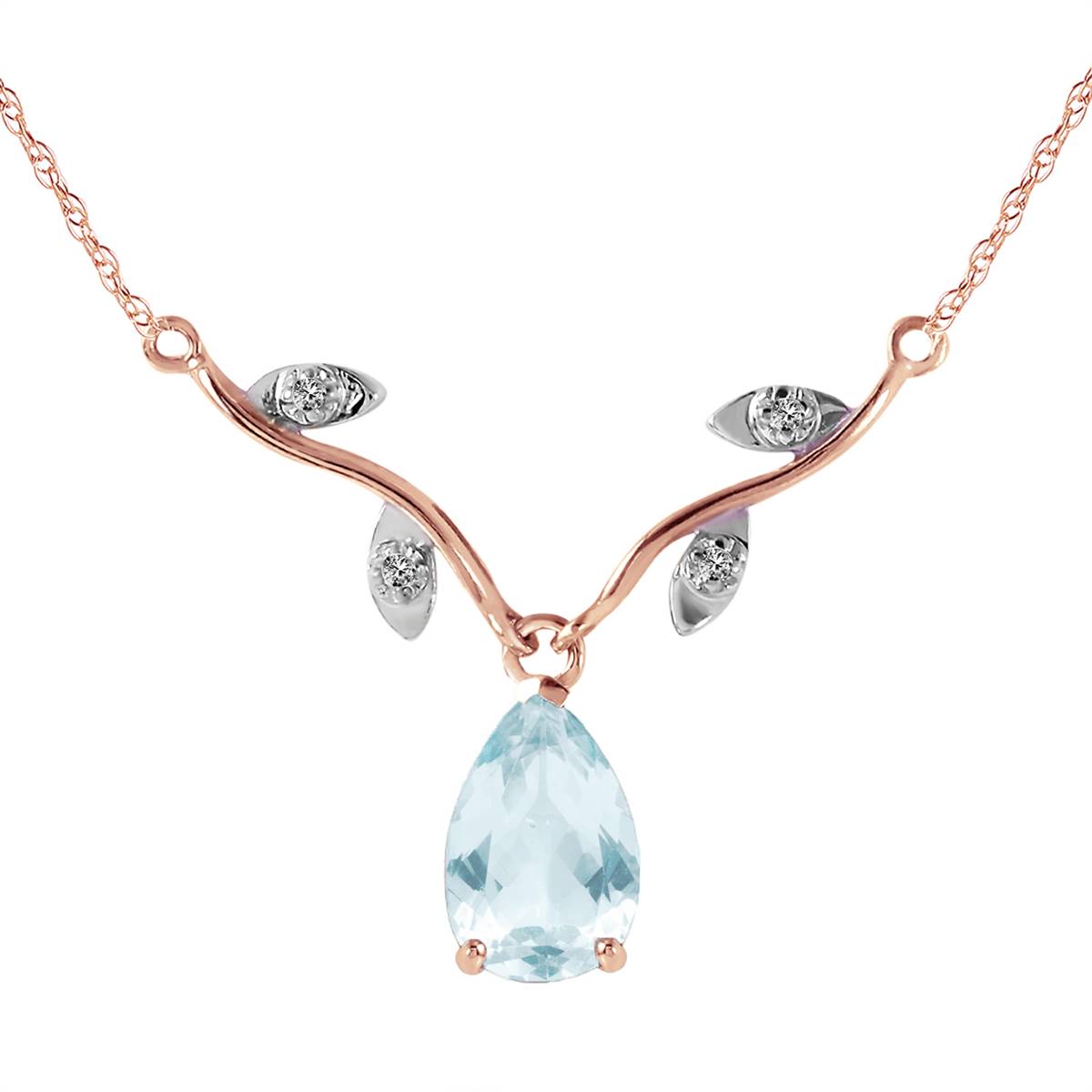 14K Solid Rose Gold Necklace w/ Natural Diamonds & Aquamarine