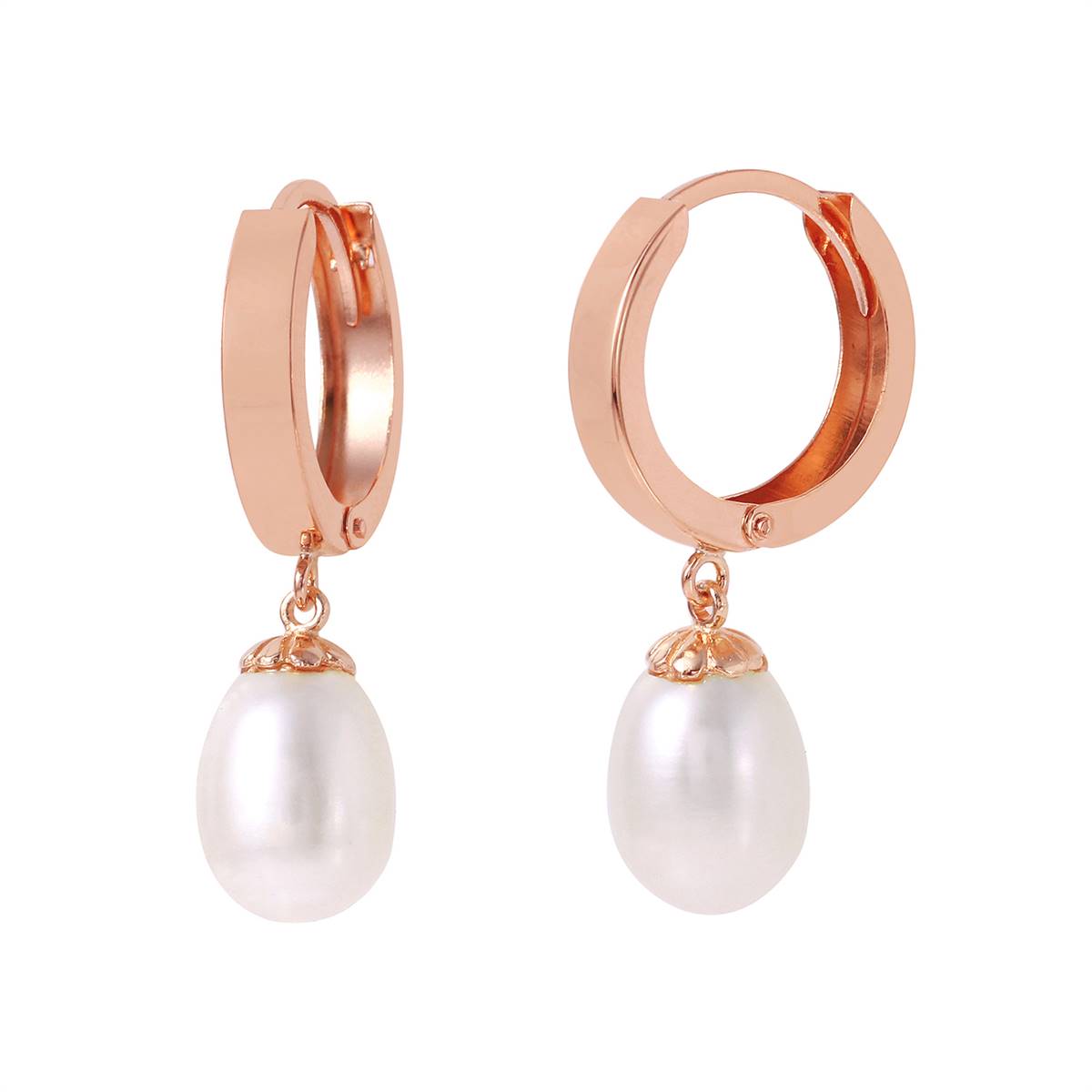 8 Carat 14K Solid Rose Gold Pearl Drop Hoop Earrings