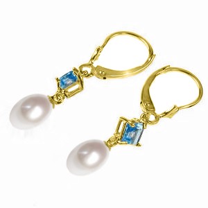 9.5 Carat 14K Solid Yellow Gold Blue Daffodil Blue Topaz Pearl Earrings