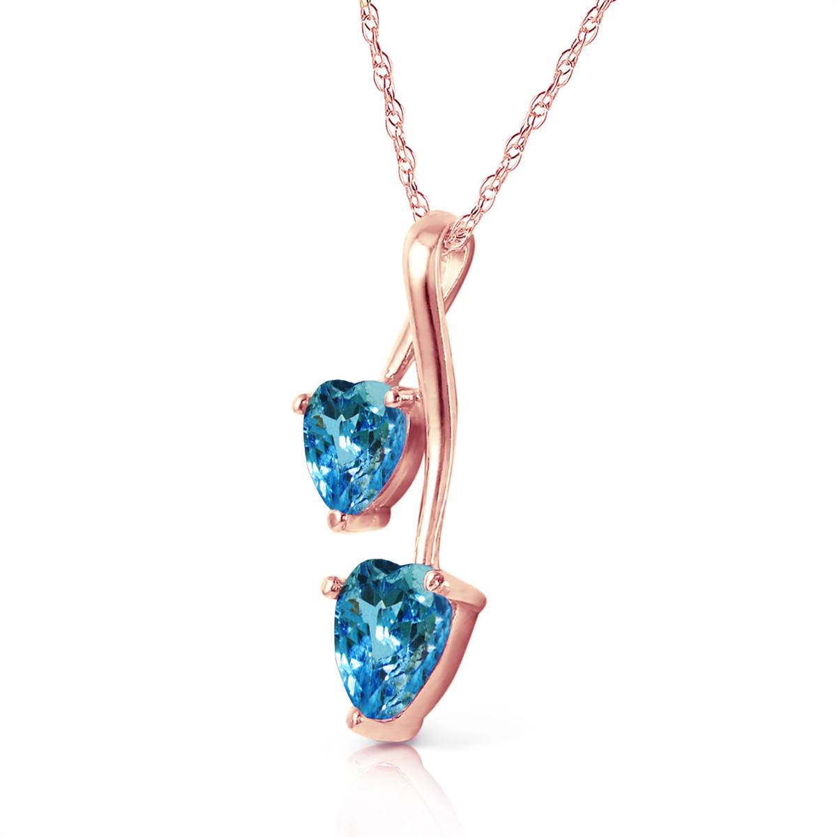 14K Solid Rose Gold Hearts Necklace w/ Natural Blue Topaz